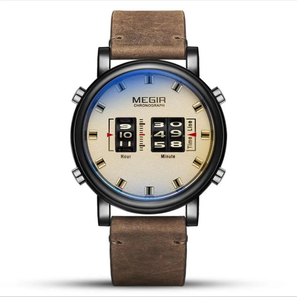MEGIR marchio creativo roller design orologio da uomo cinturino in morbida pelle atmosfera quadrante smerigliato orologi al quarzo in cristallo minerale antiusura 223S