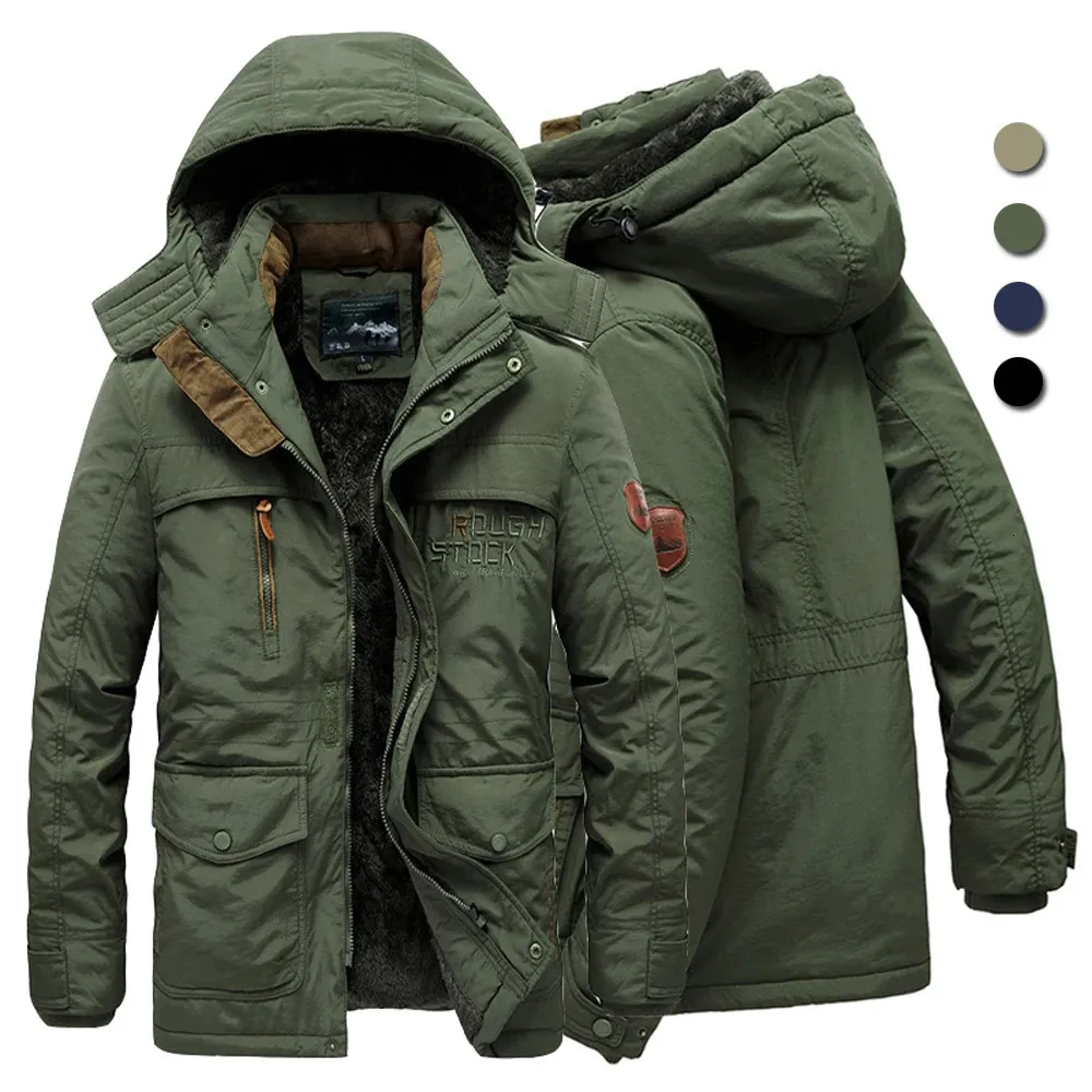 Herren-Daunenparka, Militär, dick, warm, mit Kapuze, Windjacke, Winterjacke, Fleece-Futter, Outdoor-Parka, Mantel, Oberbekleidung, große Größe 6XL, mehrere Taschen, 231215