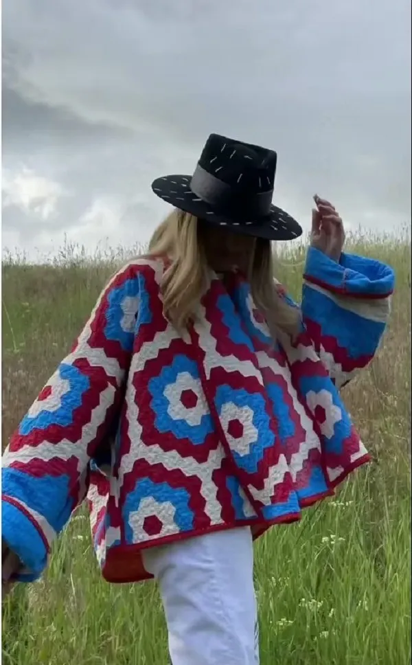 패션 프린트 키모노 여성 코트 여성을위한 2024 퀼트 긴 소매 따뜻한면 재킷 레이디 시카 가디건 겉옷 외부웨어