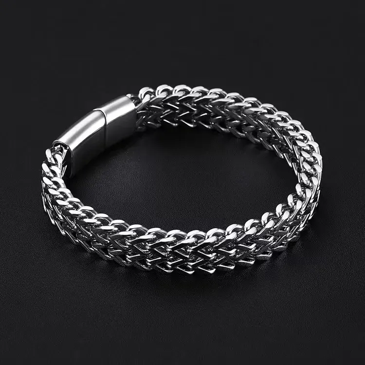 Diseñador de moda pulsera hombres titanio acero tejido doble fila delantera y trasera quilla hebilla magnética pulsera joyería regalo al por mayor al por mayor