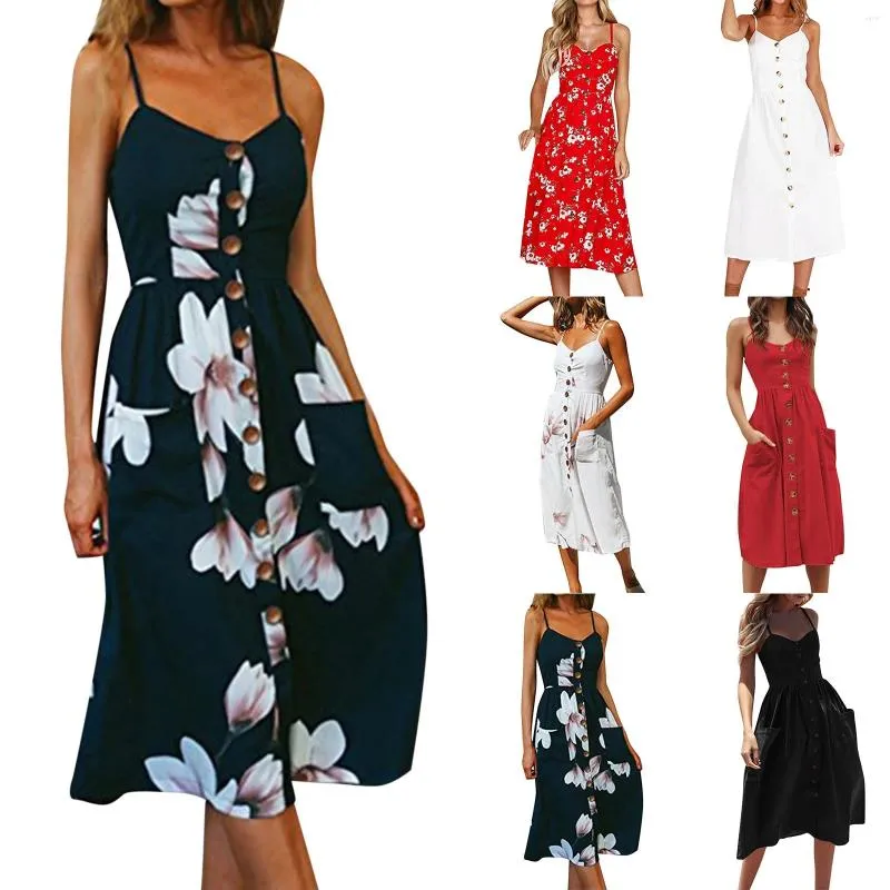 Casual Dresses Bohemian Floral Print Women's Dres Elegant Sleeveless V Neck Spaghetti Strap Shirt Dress Lady Beach Camisole Plus Size 4xl