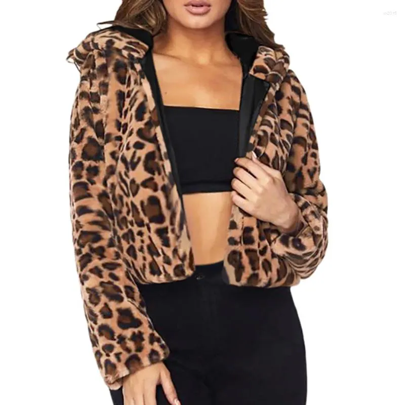 Women's Jackets Feitong 2023 Fashion Women Winter Leopard Hoodie Faux Fur Long Sleeve Cardigan Jacket Outwear Coat