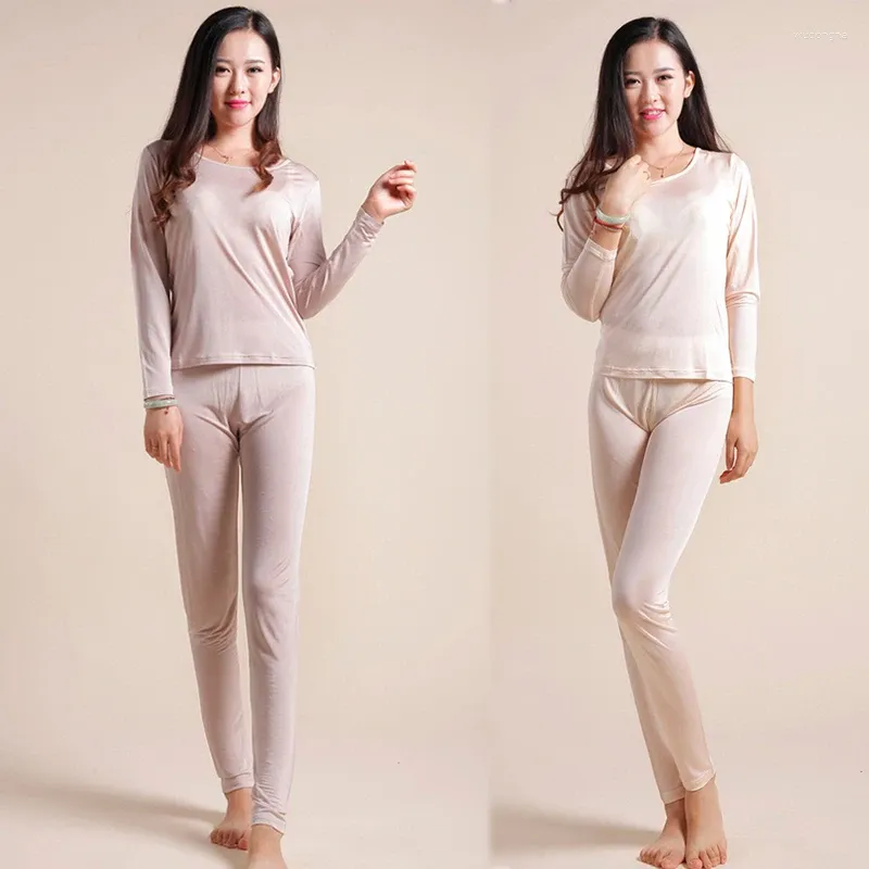 Women's Thermal Underwear Natural Silk Ladies Health Sleepwear Autumn Clothes Top Long Pants Set Sleeve Bottoming Shirt Leggings