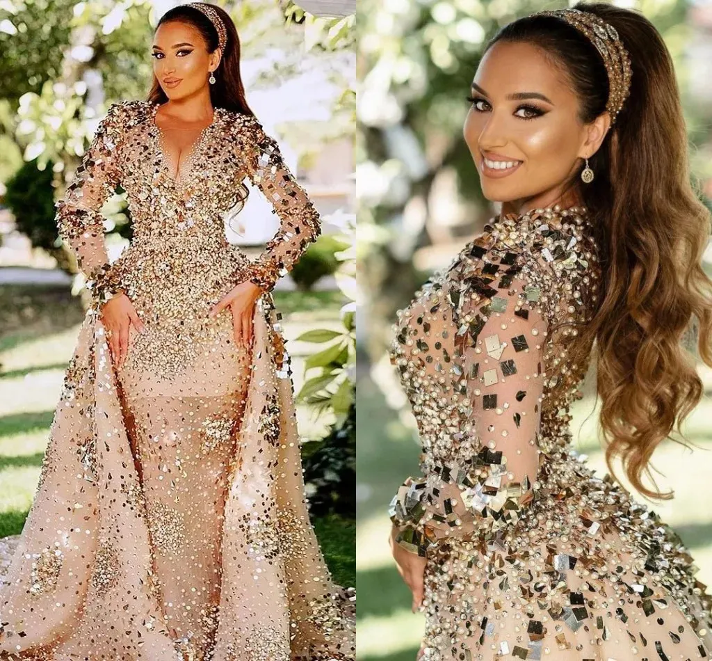 Ebi Arabic Aso Gold Sparkly Luxurious Prom Dresses Beaded Crystals Sheer Neck Evening Formal Party Gowns Robes De Soiree