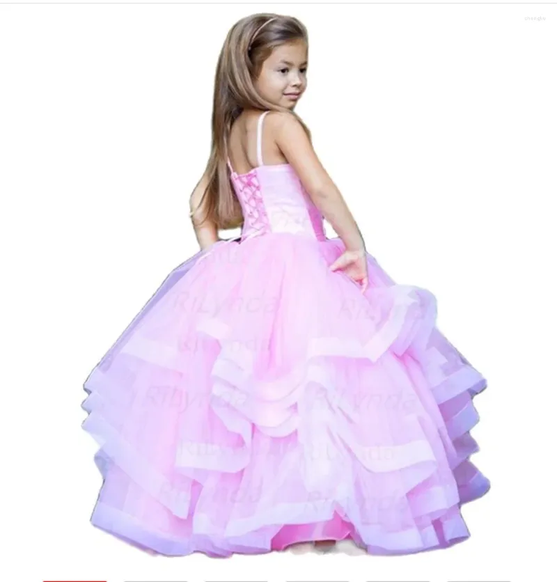 Robes de fille robe de fleur Spaghetti strass Applique fête de mariage Tulle robe de bal sans manches longueur de plancher princesse