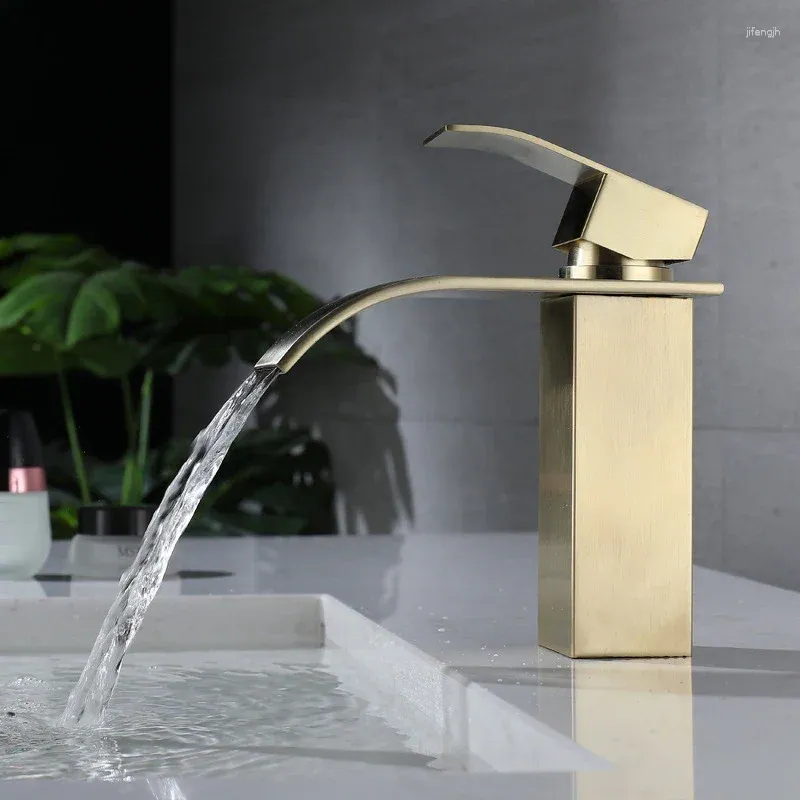 Bathroom Sink Faucets Brushed Gold Basin Waterfall Faucet Deck Mounted Stainless Steel & Cold Water Mixer Toilet Vanity Vessel