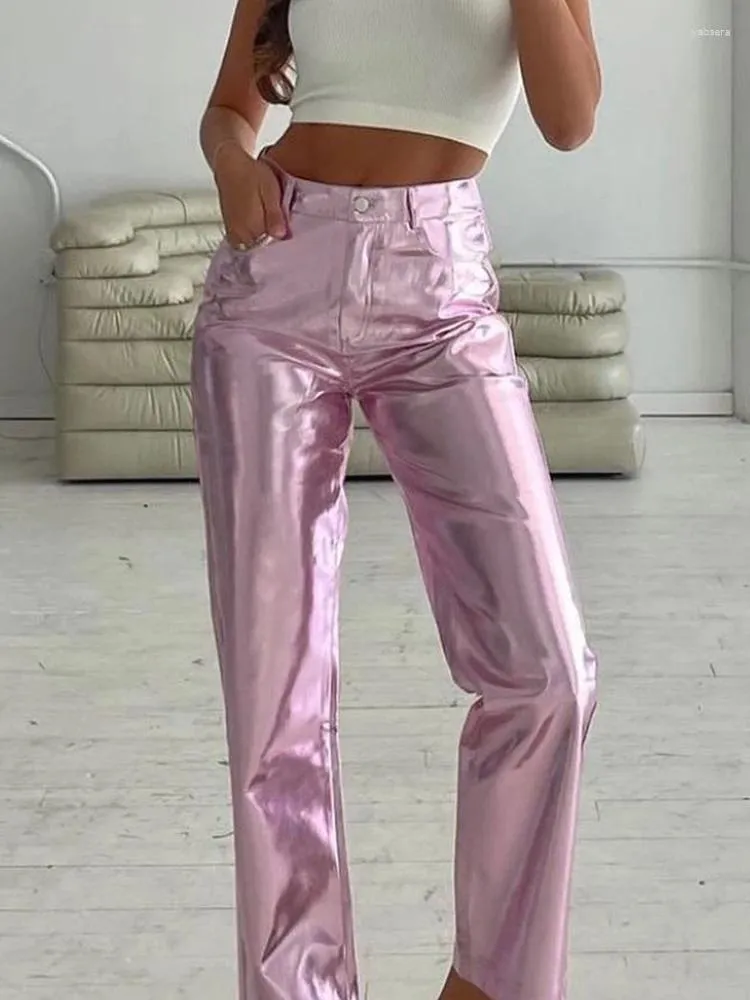 Kadın Pantolon Moda Metalik Bol kadınlar Köpüklü Pu Deri Yüksek Bel Düz Pantolonları Sokak Giyim Yansıtıcı Günlük