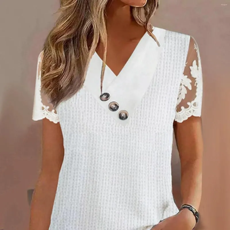 Kadın Tişörtleri Uzun Kollu Kadın Günlük Sade V Boyun Düğmesi Tasarım Moda gevşek Yaz Tunik Kısa