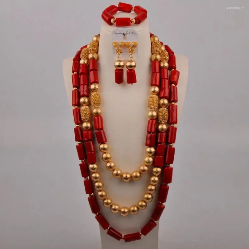 Ensemble de boucles d'oreilles et collier pour mariage nigérian, perles de corail rouge africain, bijoux pour mariée