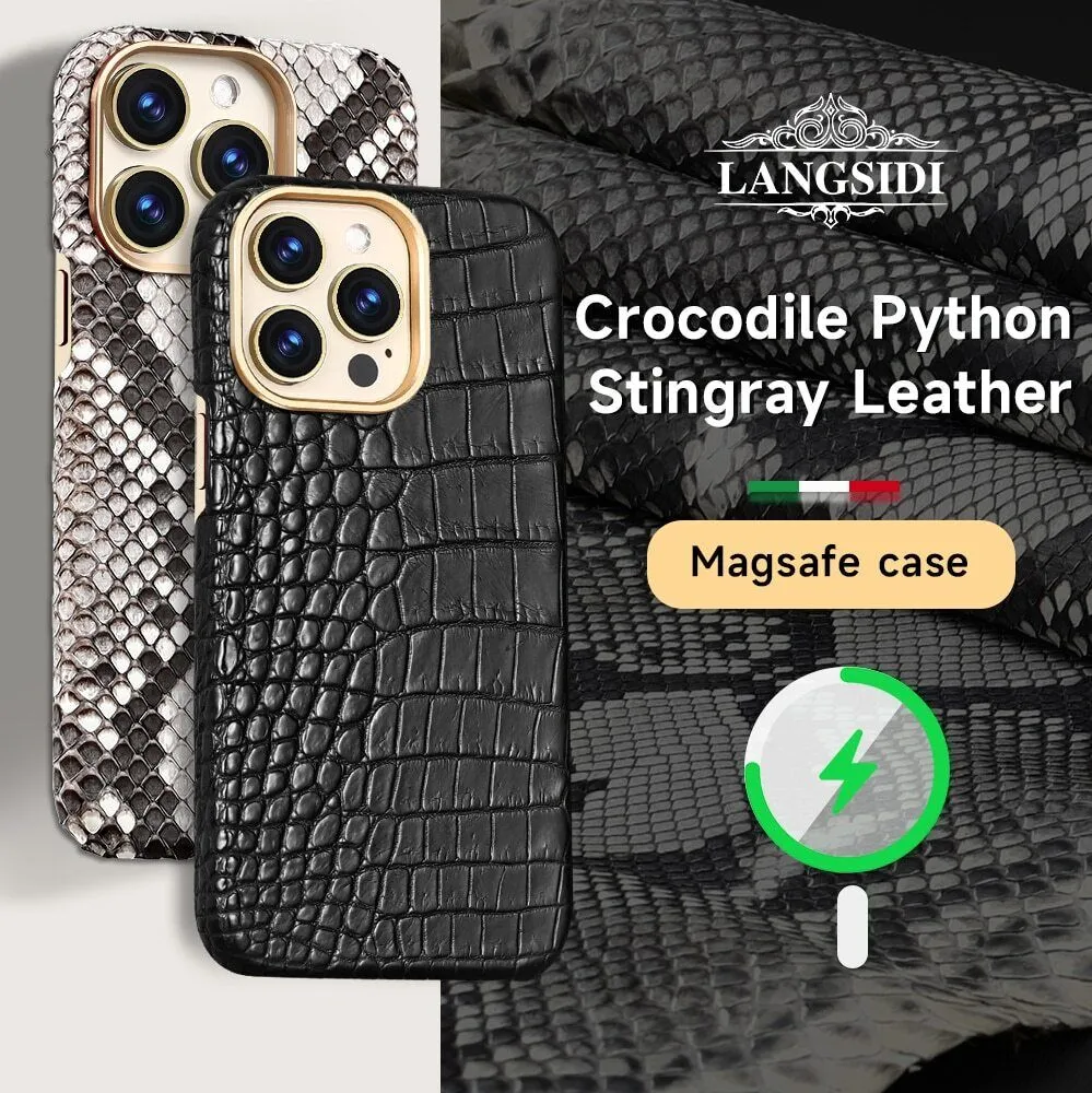 Magnetische Echte Natuurlijke Struisvogel Python Krokodillenleer Lederen Case Voor iPhone 15 Pro Max 15 14 13 Mag Veilige metalen Ring Cover