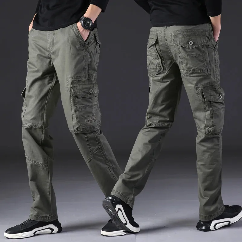 Heren Broek Militaire Cargo Heren Overalls Legergroen Grijs Katoen Losse MultiPockets Rechte pasvorm Casual Broek Homme 231215