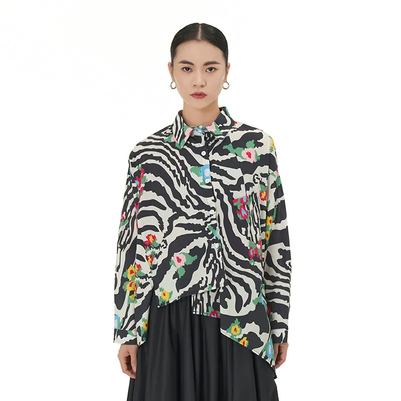 Camisa estampada de zebra bonita e elegante, outono e inverno New Women's Loose e Slimming Top Trend