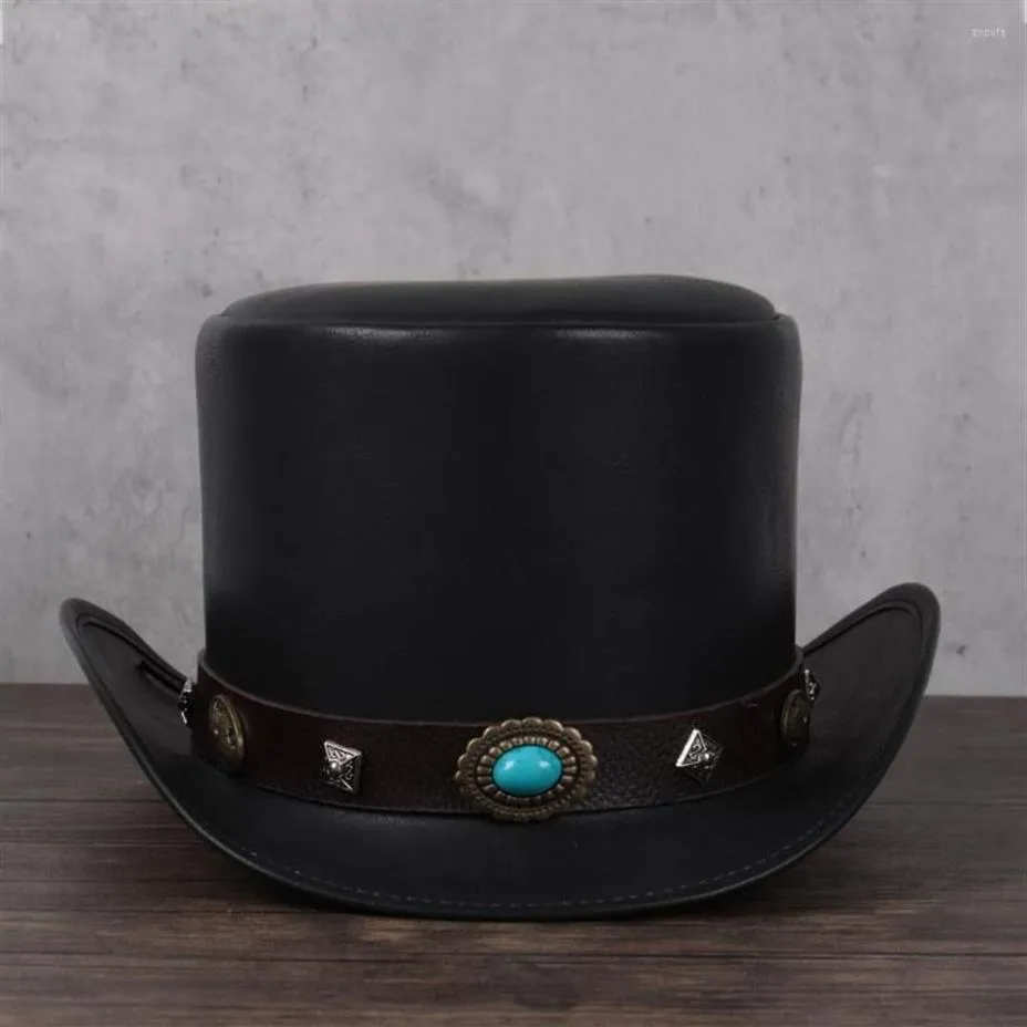 Berets Women Men Leather Top Hat Président Fedoras traditionnel Magicien Steampunk Cosplay Party Caps Dropshiping 3Size 13CM304U