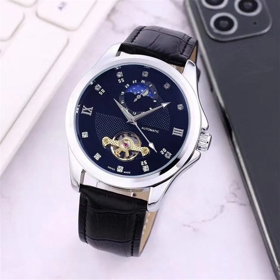 Högkvalitativa herrklockor Top Brand Leather Strap armbandsur Mekanisk automatisk rörelse Moon Fase svänghjulsur för man Chr270Z