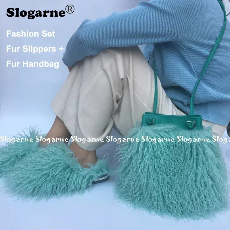 Fur slides and bag set sale