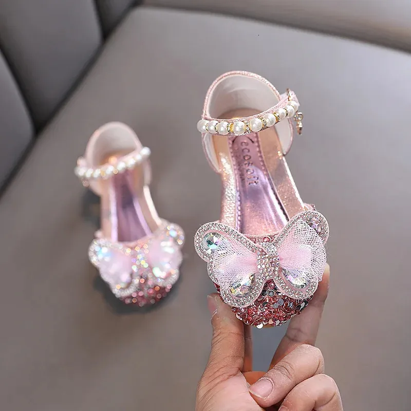 Flat Shoes Children's Rhinestone Princess Flats Shoes Girls paljett Mesh Bow Kids Sandaler Fashion Pearl Wedding Party Footwear 231215