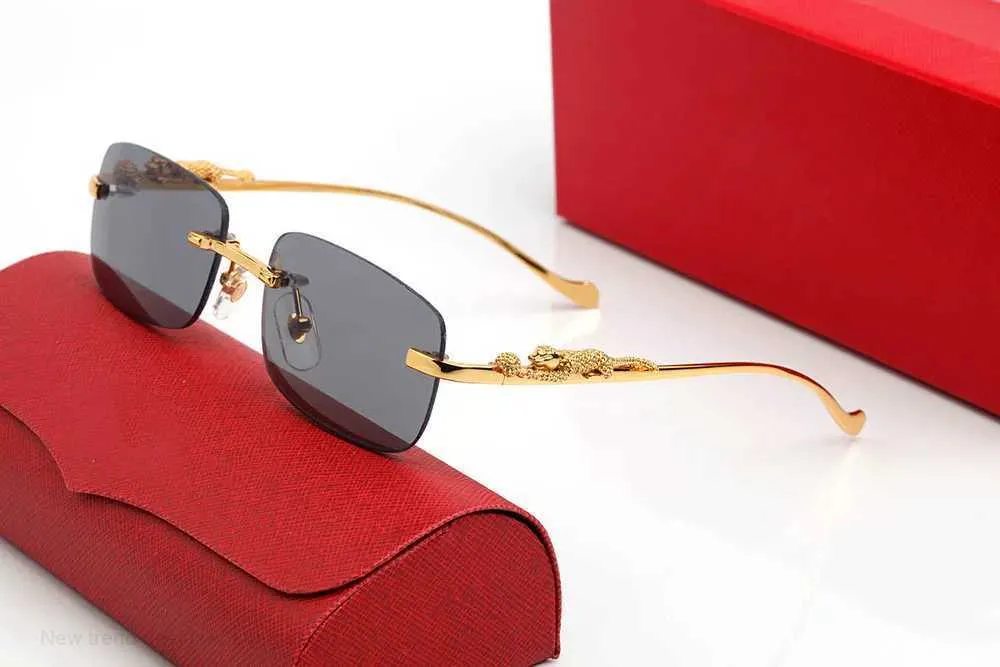 Ny trenddesigner Solglasögon Fashion Frameless Metal Leopard Halfram Färgförändrande metall Transparent Optiska glasögon Designram Mannduk