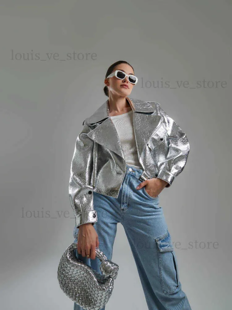 Womens Faux Leather Oversized Jacket, Silver PU Leather