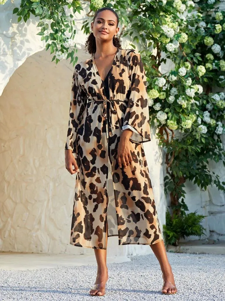 Damen-Badebekleidung, Leoparden-Strandkleider, Netz-Badeanzug-Abdeckungen für Kimono-Tunika, mit Gürtel, elegante Urlaubs-Beachwear-Fabrikversorgung