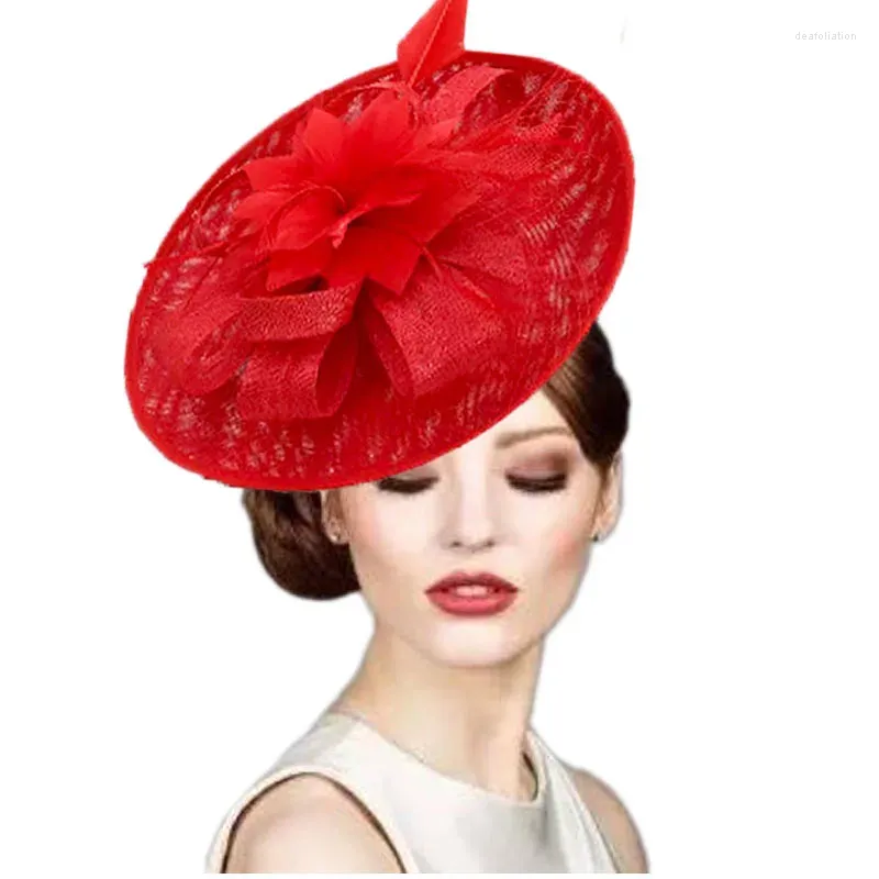 Kobiety ślub czerwony fascynator kapelusz z pióra kwiat damskie akcesoria do włosów na nakrycia lady impreza kwiatowa siatka welonowa