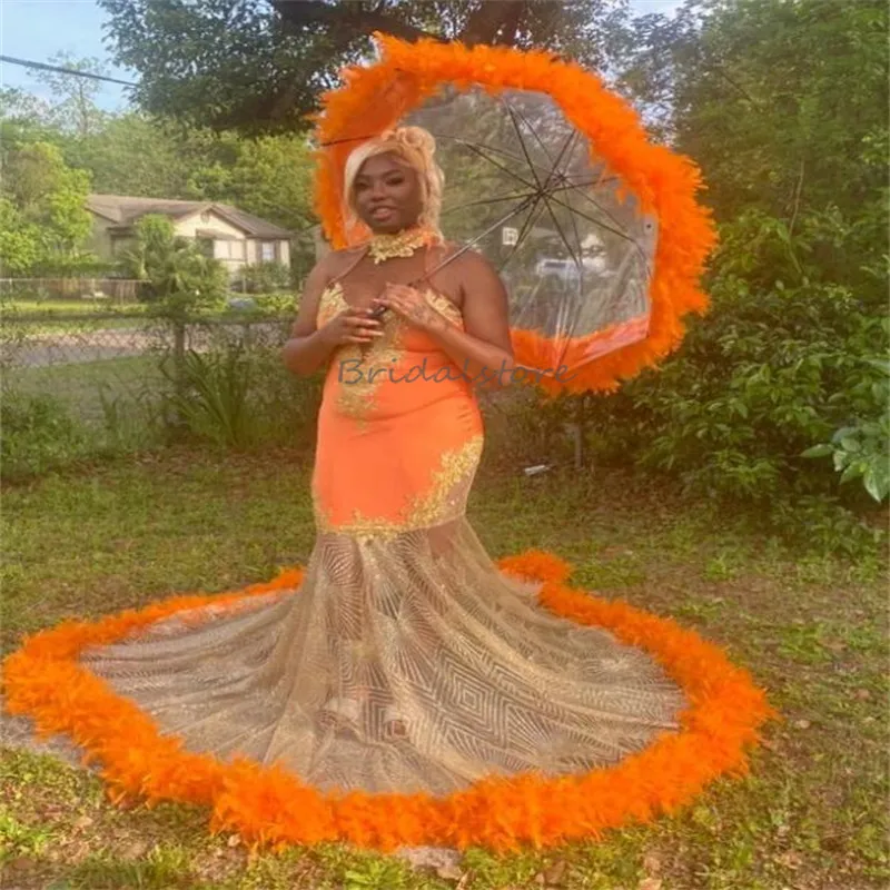 Vestido De Fiesta De Cumpleanos Naranja Con Sirena De Plumas De Talla Grande Vestido De Noche