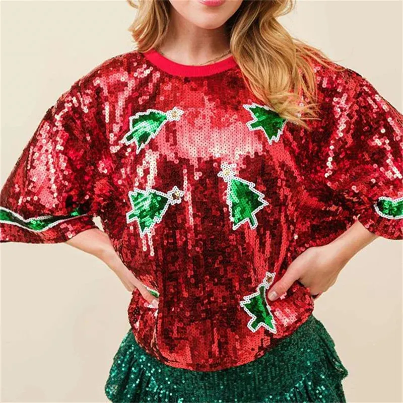 Men's Tracksuits 2024 Christmas Trendy Sequin Sweatshirts for Women Cute Santa Graphic Oversized Sweater Shirts Long Sleeve Pullover Hoodies 231215