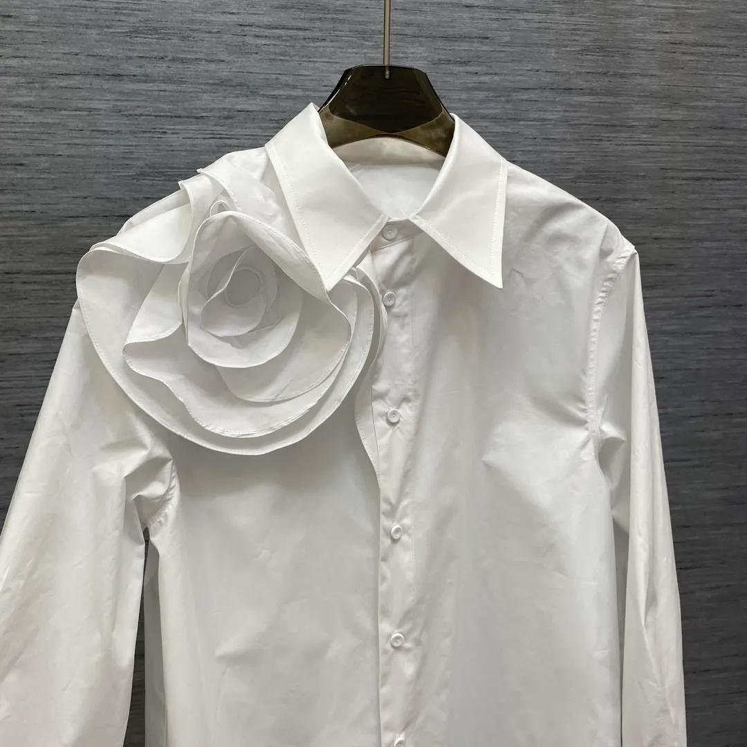 2024 Spring Handmade Roses Women's Blouses Designer White/Pink Cotton Long Sleeves Shirts Womens 12152