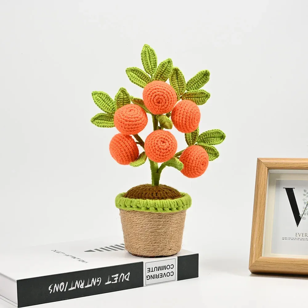 Kerstversiering Kunstmatige Gehaakte Oranje Planten Bonsai Nepbloemen Ingemaakt Voor Slaapkamer Huis Tuin Woonkamer Bureau Buiten Jaar Decoratie 231215