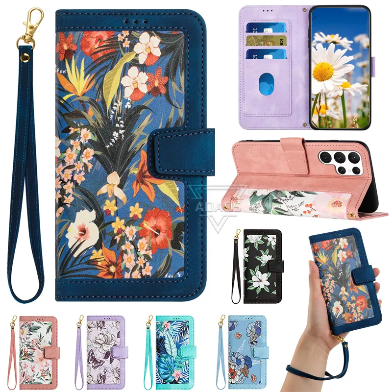 Flowers Print Wallet Leather Large Capacity Holder Phone Strap Case For Google Pixel 7A 7 8 Pro 6A Samsung S23Ultra S22 Iphone 15ProMax 14 13 12 11 X