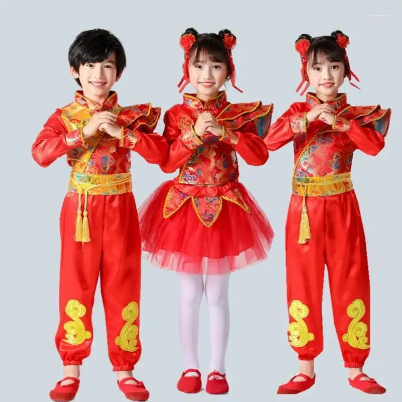 Palco desgaste menino menina ano chinês roupas tradicionais crianças dança folclórica trajes vermelhos festa festival oriental hanfu roupas