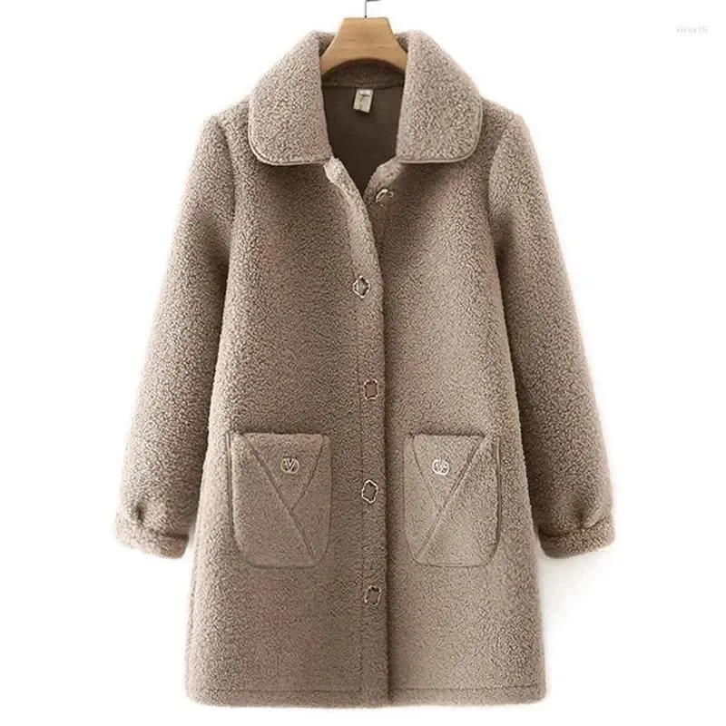 Casaco de pele feminino de meia idade, casaco vintage outono e inverno gordo plus size 5xl jaqueta de lã de cordeiro comprimento médio feminino