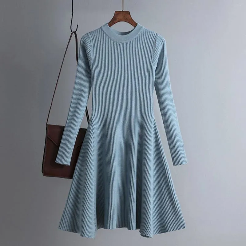 Casual Kleider Einfache Grund Herbst Winter Kurze Aline Dicken Pullover Kleid Frauen Elegante Oansatz Lange Ärmel Stricken Weibliche Dünne Mini robe