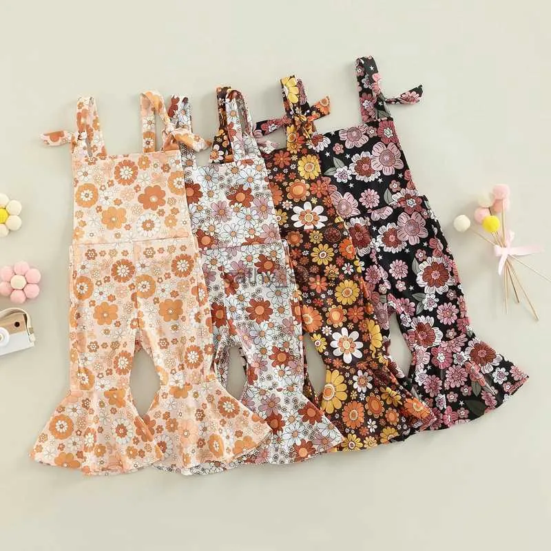 FOCUSNORM 0-4Y Mooie romperbroek voor babymeisjes, 4 stijl bloemen, bedrukt, mouwloos, off-shoulder, ruches, hoge taille, flare jumpsuitL231114