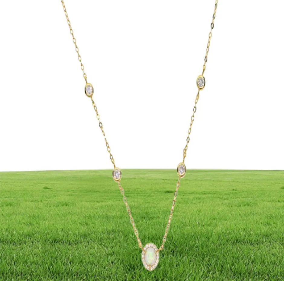 Silver Gold Rose Gold 3 Color CZ Station Opal Necklace Fine 925 Sterling Silver Jewelry Round Geometric Charm Link Chain Collar FA1864817