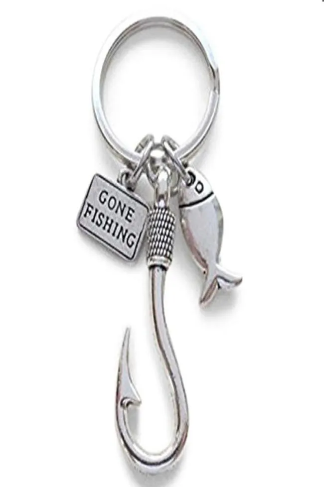 Hela 10pcslot nya mode smycken borta fiske fisk krok charm hänge nyckelring med liten fisk charm nyckelring4400009