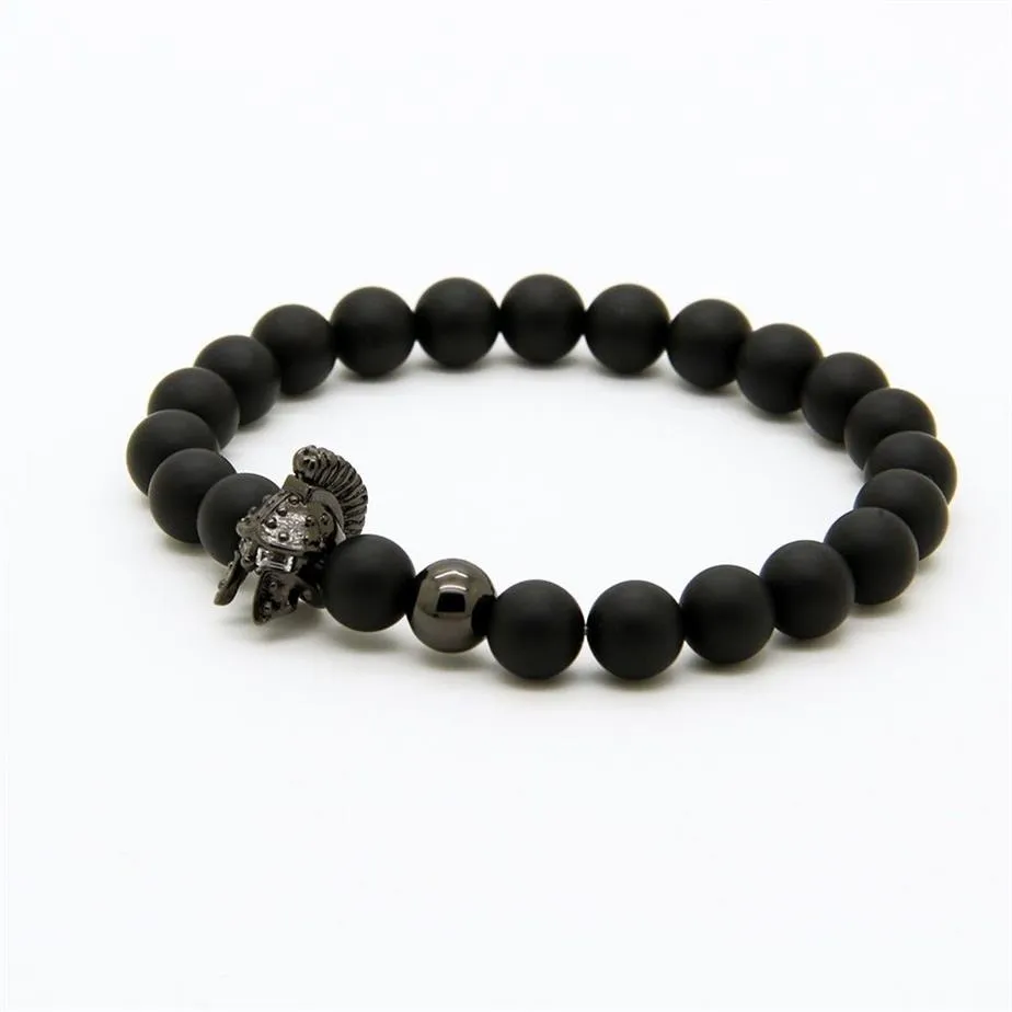 Mens Jewelry Bracelet 8mm A Grade Matte Agate Stone New Roman Warrior Helmet Micro Paved CZ Beads Spartan Bracelets293S