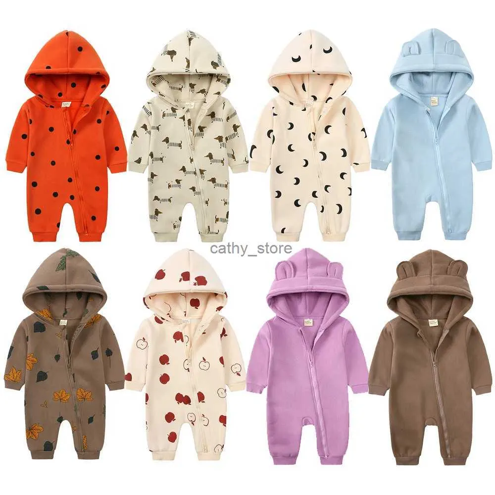 Rompers 2023 Baby Winter Fleece Romper Print Cotton Warm Outfit Clothes For 0-24M Jumpsuit Newborn Toddler Bear Hoodies Bodysuit CostumeL231114