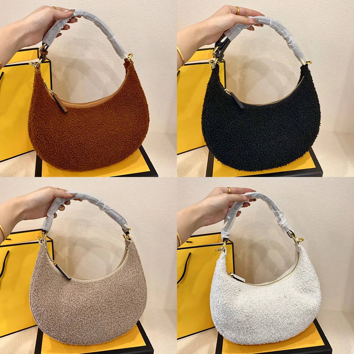 Designer Mulheres Graphy Hobo Lambswool Wristlet Clutch Bag Itália Marca de Luxo FE Pequena Meia Lua Lã Bolsas De Ombro Lady Crossbody Couro Strap Bolsa Bolsa