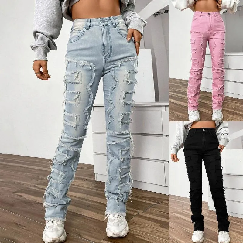 Dżinsy damskie vintage y2k wysoki stretch plaster dżinsowy dżinsowy ułożony prosto haftowane spodnie w luźnym