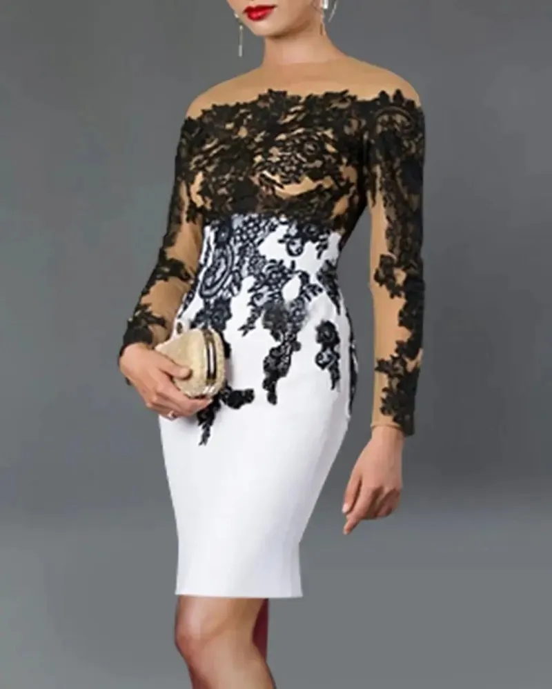 Короткое платье-футляр для выпускного вечера 2024, иллюзия шеи, длинный рукав, кружевные аппликации, женские вечерние вечерние платья, новый халат De Soiree