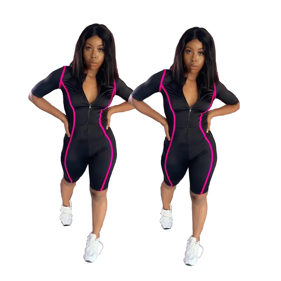 Cy9007 Summer Hot Sale Sexig V Neck dragkedja Kort ärm Jumpsuit för kvinnor