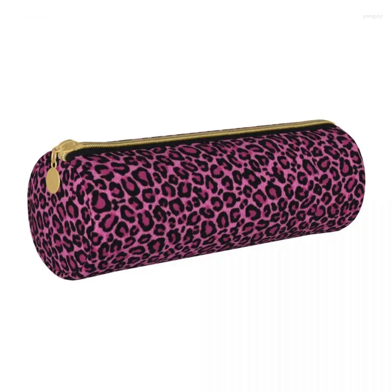 Cosmetische tassen Funky luipaardprint ronde etui roze zwarte vlekken briefpapier meisjes jongens lederen doos mode rits pennenzak