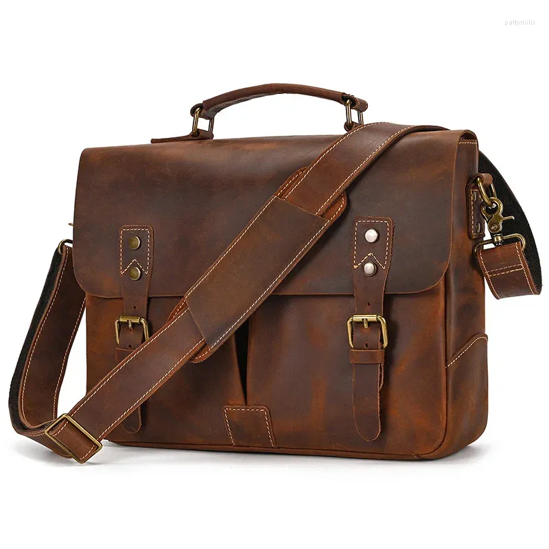 Briefcases Highend Vintage Brown A4 Top Grain Genuine Crazy Horse