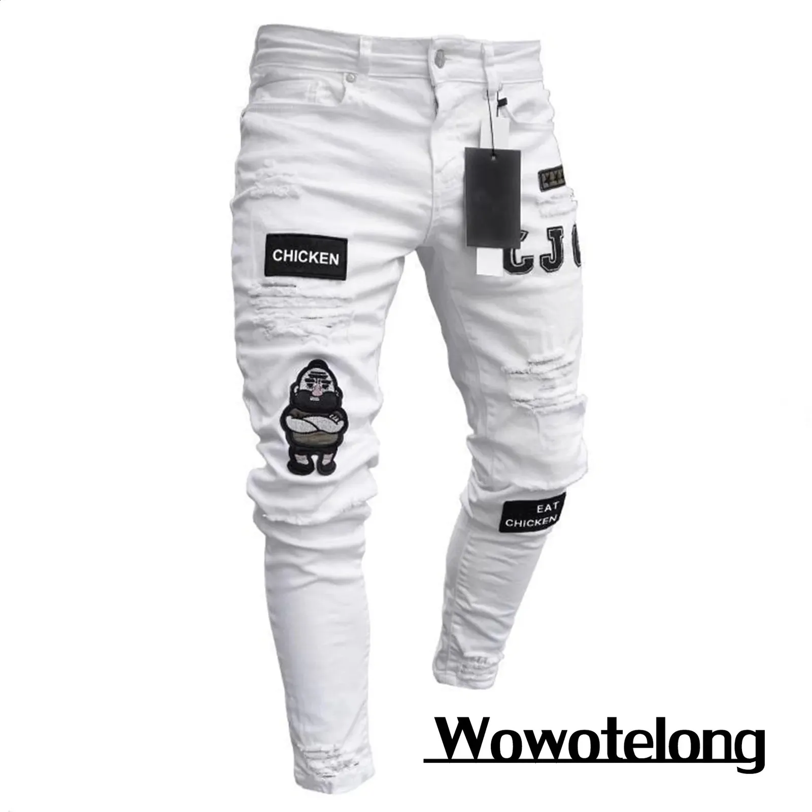 Pantalon pour hommes 2023 Blanc Broderie Skinny Ripped Jeans Hommes Coton Stretch Slim Fit Hip Hop Denim Casual pour Pantalon de jogging 231214