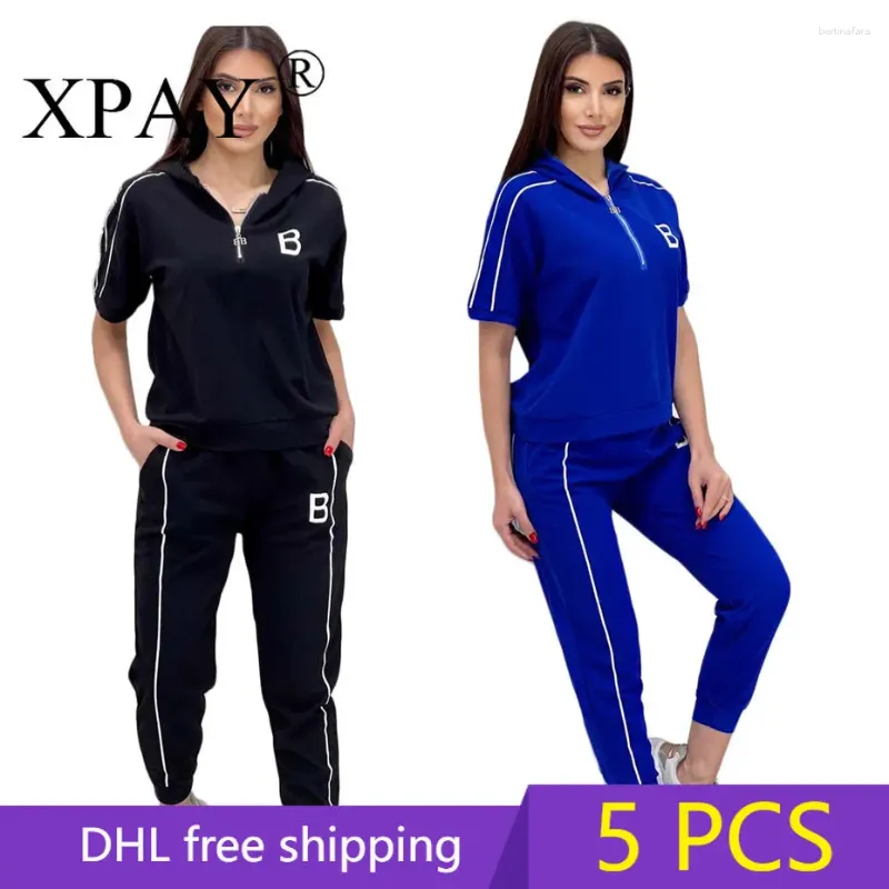 Women's Two Piece Pants 5PCS Wholesale Bulk Items Hooded Embroidery Short Sleeve Set Outfits For Women 2023 Summer Casual Sportwear Y2k