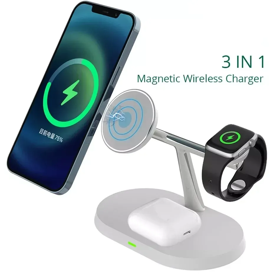 Stazione di ricarica wireless 3 in 1 Supporto di ricarica rapida Caricatore wireless magnetico per iPhone, iWatch, caricabatterie multifunzione serie Airpods