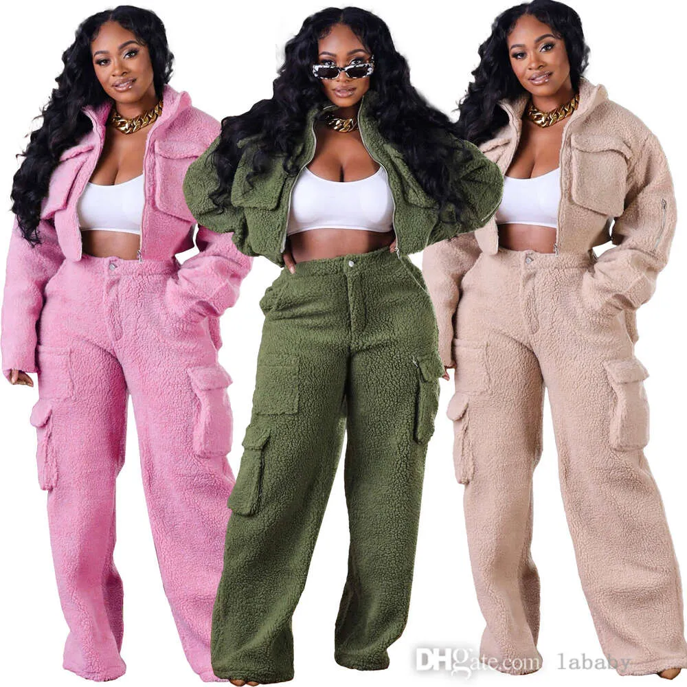 Fashion Fleece Two Piece Set Women Tracksuit Long Sleeve Zipper Jacket And Pocket Wide Leg Pants Autumn Winter Cargo 2 Piece Sets Outfits