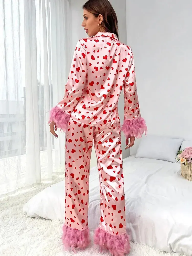 Pantalon deux pièces pour femmes, ensemble de pyjama de noël classique imprimé cœur, saint-valentin, manches longues, boutons, haut de nuit, vêtements de détente 231215