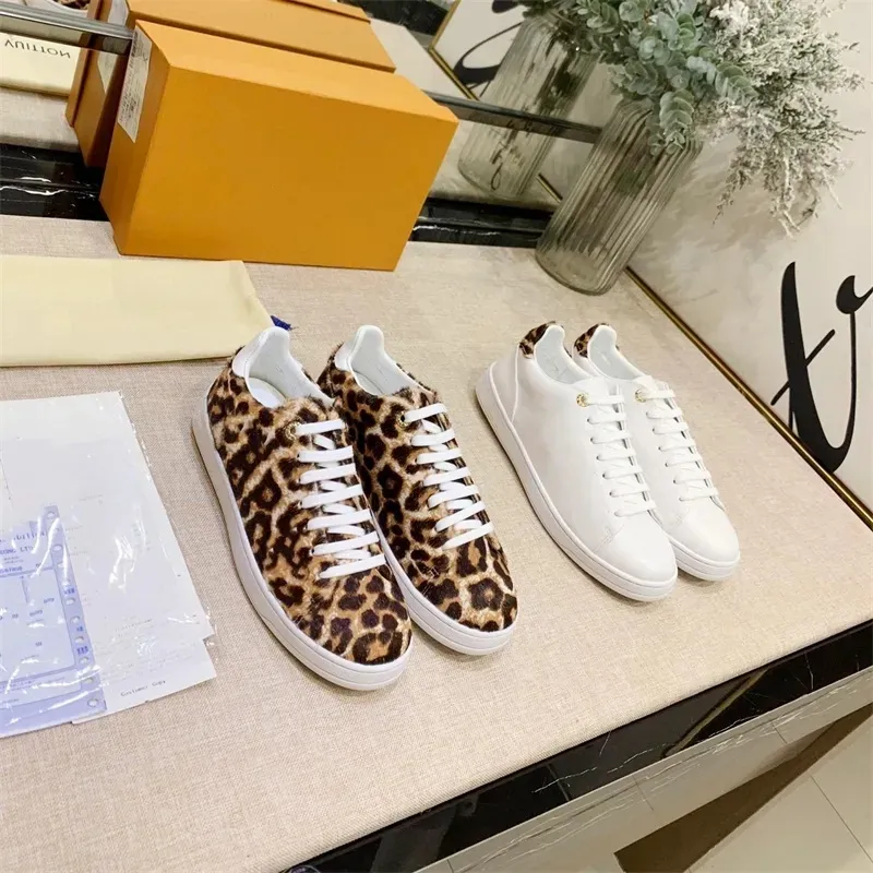 Designer FRONTROW Sneakers Men Women Calfskin Shoe Leopard Leather Flat Trainers High Quality White Lace-up Fashion Printing Runner Casual Shoes Big size