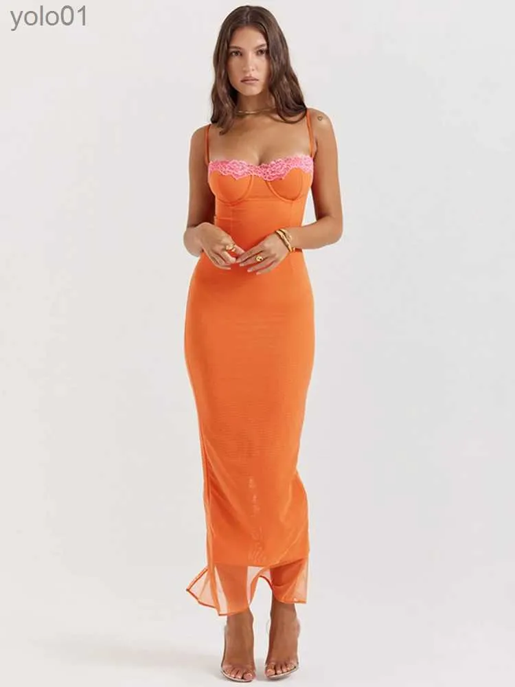 Urban Sexy Dresses Laxsesu Strapless Lace Dress Spaghetti Strap Backless Sexy Orange Mesh Dress Elegant Party ning Maxi Dresses for Women 2023 231215